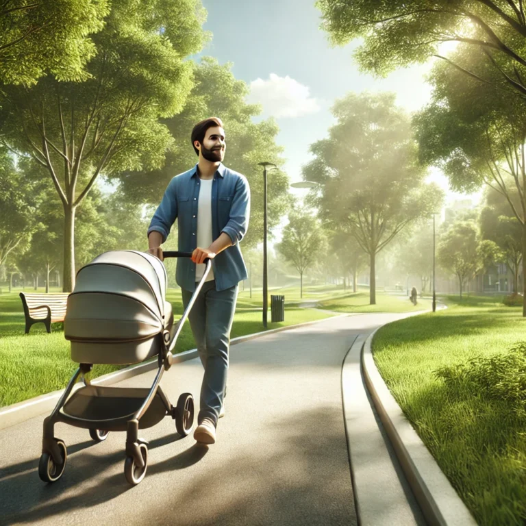 Papa-ABC-Work-Life-Balance-Vater-spaziert-mit-Kinderwagen-im-Park